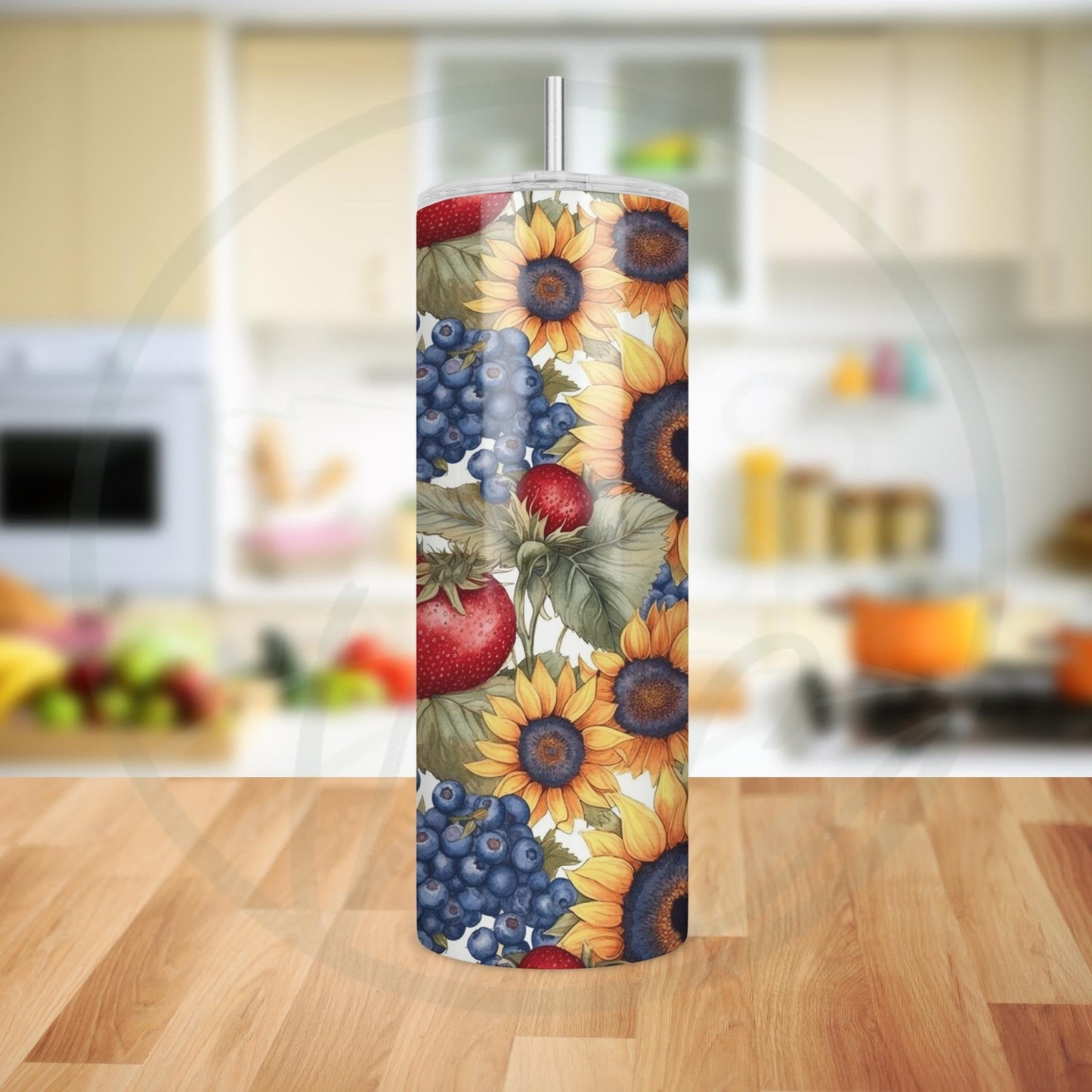 Sunflowers and Berries, Sunflowers Strawberries Blueberries 20oz Tumbler, Cottagecore Coffee Tumbler, Mother's Day Gift, Spring Tumbler