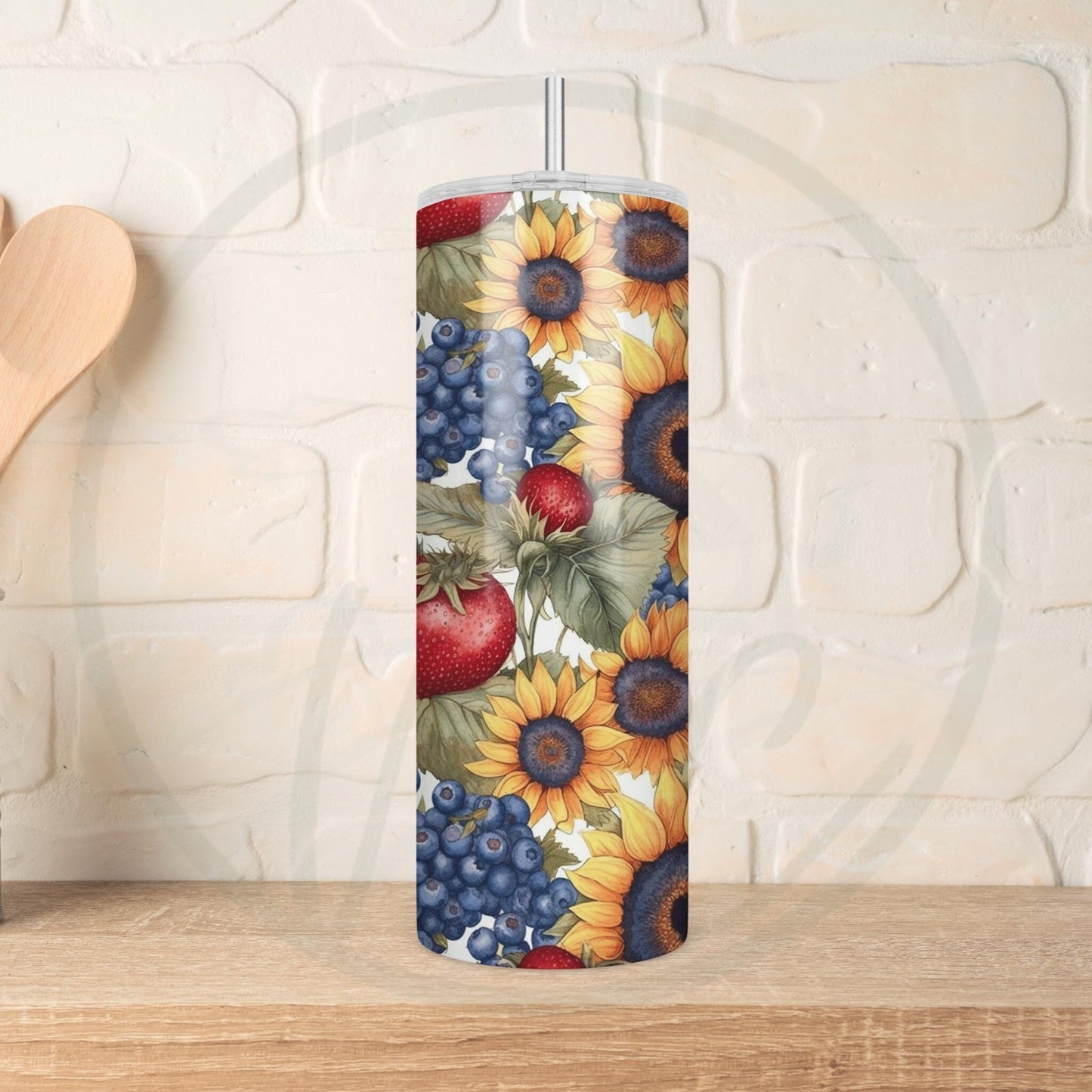 Sunflowers and Berries, Sunflowers Strawberries Blueberries 20oz Tumbler, Cottagecore Coffee Tumbler, Mother's Day Gift, Spring Tumbler