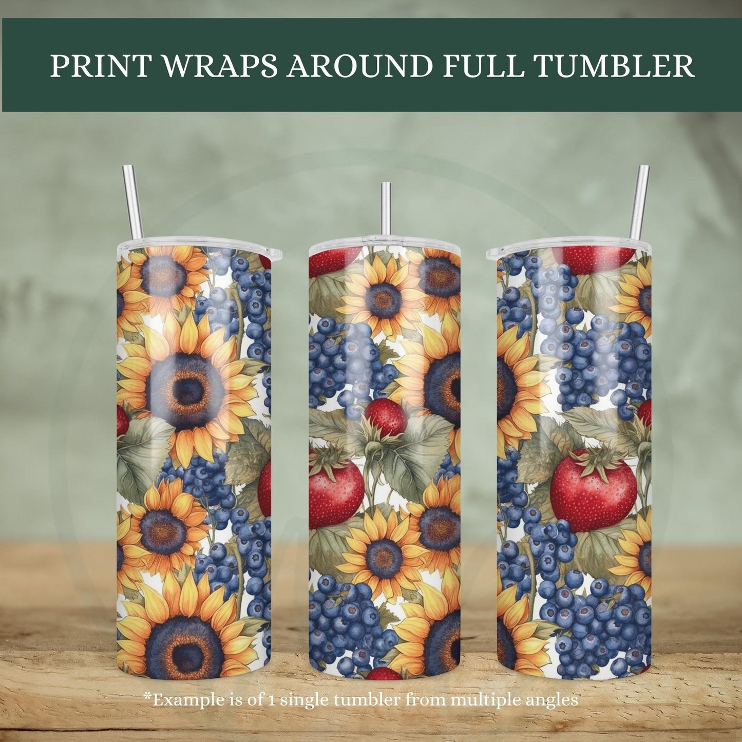 Sunflowers and Berries, Sunflowers Strawberries Blueberries 20oz Tumbler, Cottagecore Coffee Tumbler, Mother's Day Gift, Spring Tumbler