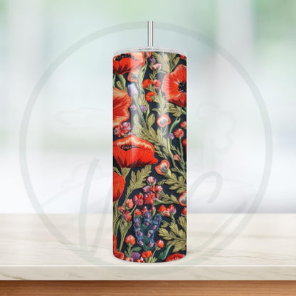 Embroidered Wildflower 20oz Tumbler, Small Red Poppies, Cottagecore Coffee Tumbler, Mother's Day Gift, Spring Tumbler, Gift For Embroiderer