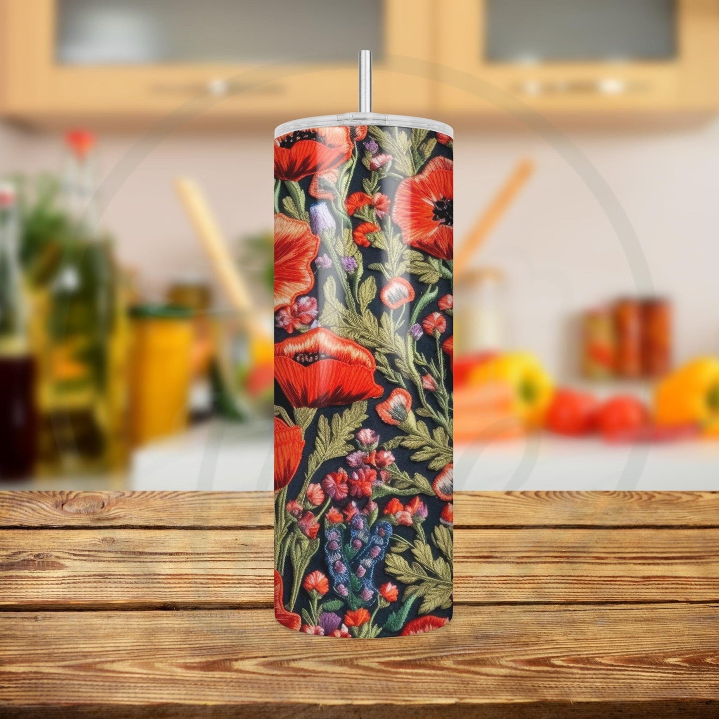 Embroidered Wildflower 20oz Tumbler, Small Red Poppies, Cottagecore Coffee Tumbler, Mother's Day Gift, Spring Tumbler, Gift For Embroiderer