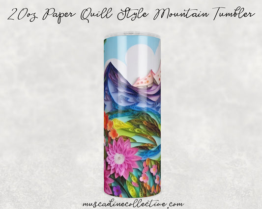 Paper Quill Mountain Scene Tumbler, Camping Tumbler, 20oz  Skinny Tumbler, Cottagecore, Vacation Tumbler, Stainless Steel, Outdoorsy Gifts