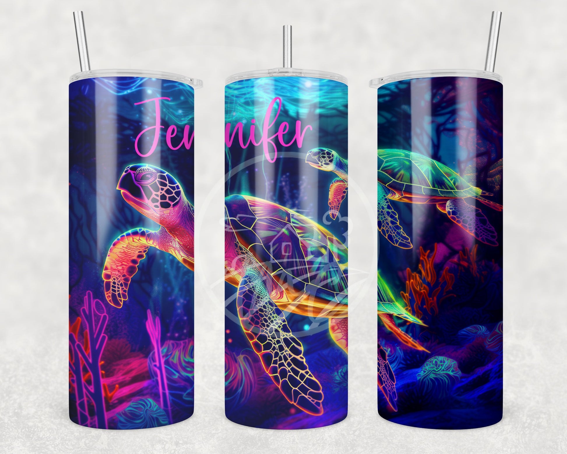 Neon Turtle Tumbler, Ocean Tumbler, 20oz  Skinny Tumbler, Vacation Tumbler, Stainless Steel, Outdoorsy Gifts, Sea Turtle