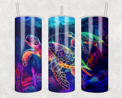 Neon Turtle Tumbler, Ocean Tumbler, 20oz  Skinny Tumbler, Vacation Tumbler, Stainless Steel, Outdoorsy Gifts, Sea Turtle