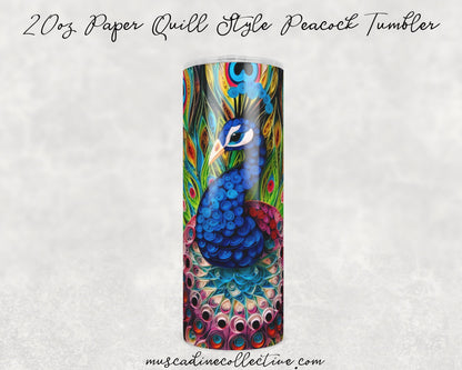 Paper Quill Peacock Tumbler, 20oz  Skinny Tumbler, Cottagecore, Stainless Steel, Peacock Gift, Coffee Tumbler, Exotic Birds, Farm Tumbler