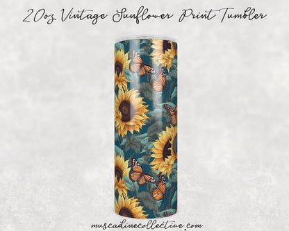 Sunflowers and Butterflies Tumbler, 20oz Skinny, Cottagecore Floral Coffee Tumbler, Mother's Day Gift, Gift For Gardener, Vintage Print