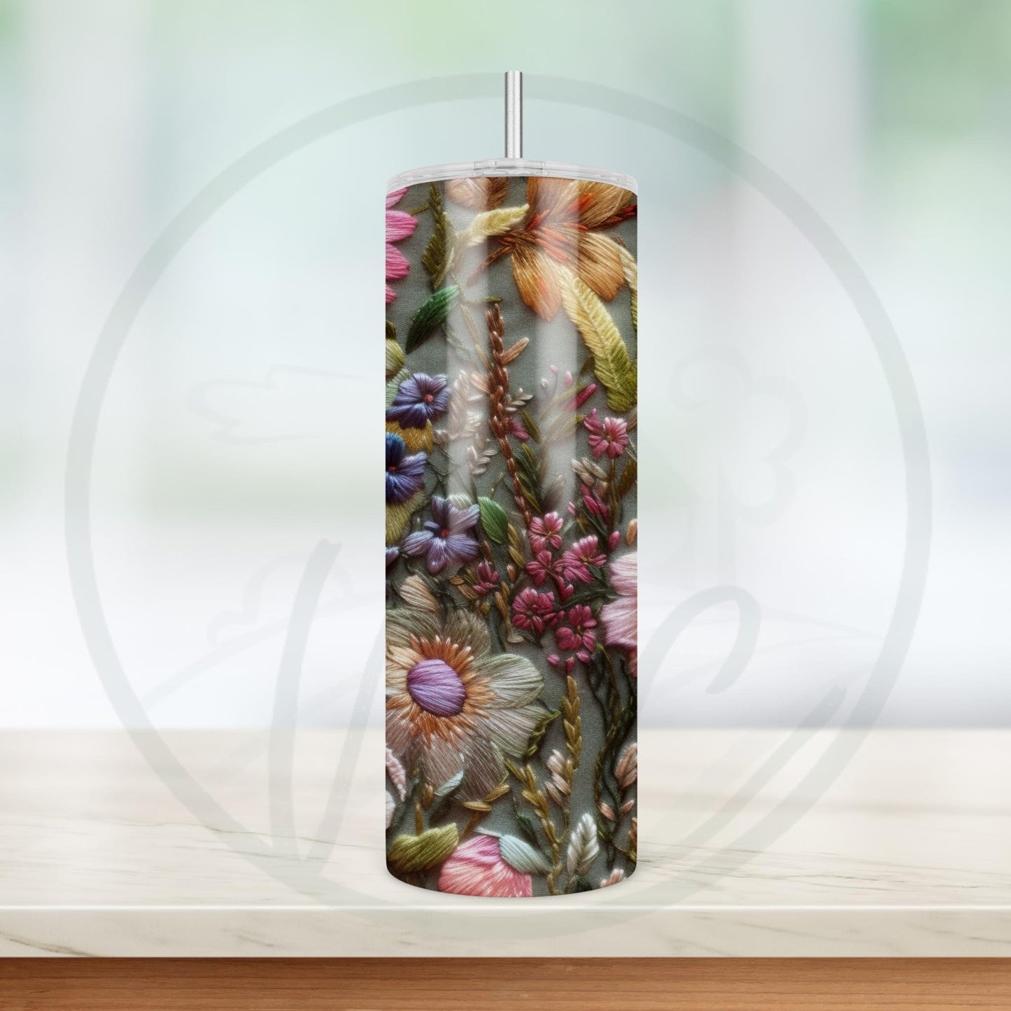 Embroidered Wildflowers, Pink and Sage 20oz Tumbler, Cottagecore Floral Coffee Tumbler, Mother's Day Gift, Spring Flowers, Gift for Gardener