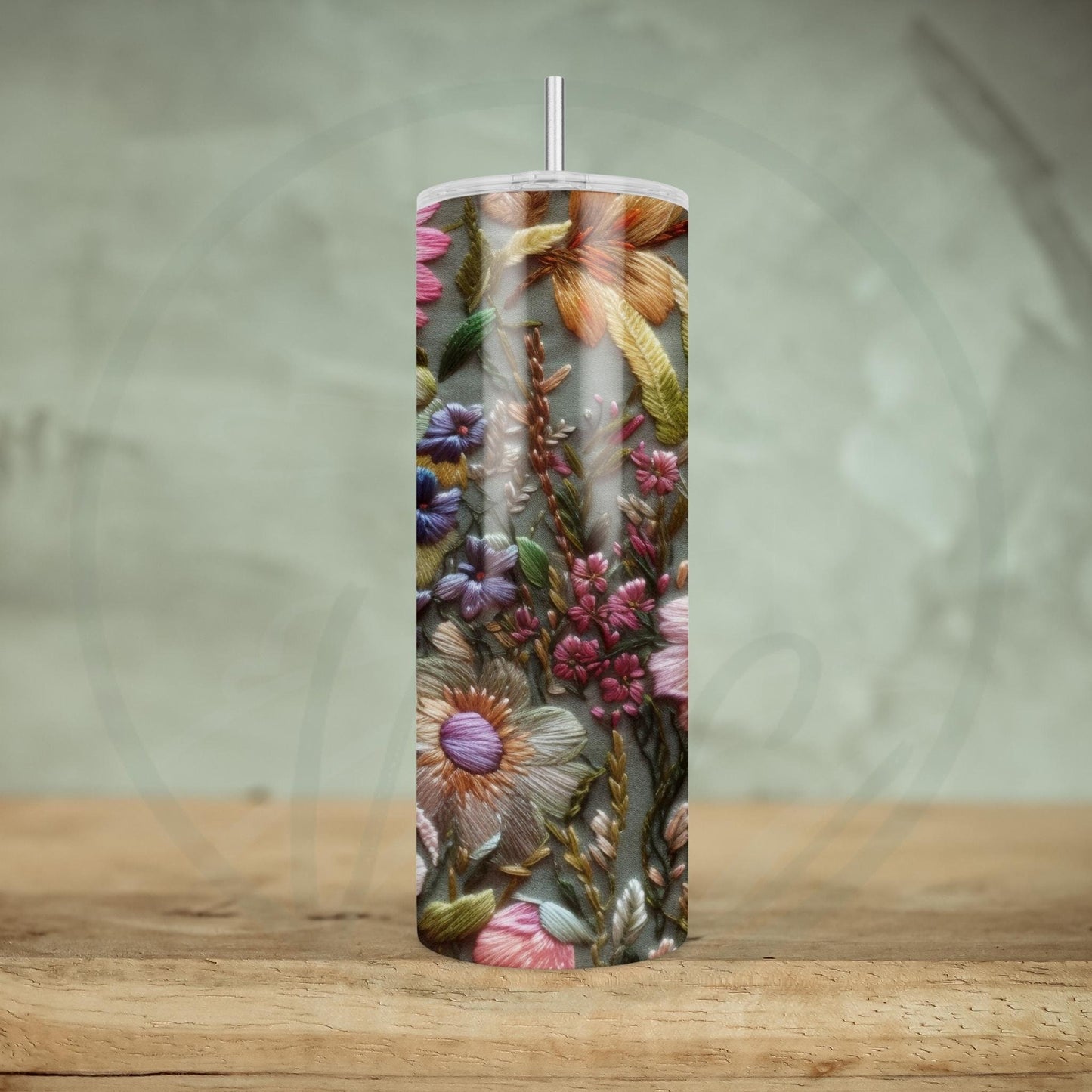 Embroidered Wildflowers, Pink and Sage 20oz Tumbler, Cottagecore Floral Coffee Tumbler, Mother's Day Gift, Spring Flowers, Gift for Gardener