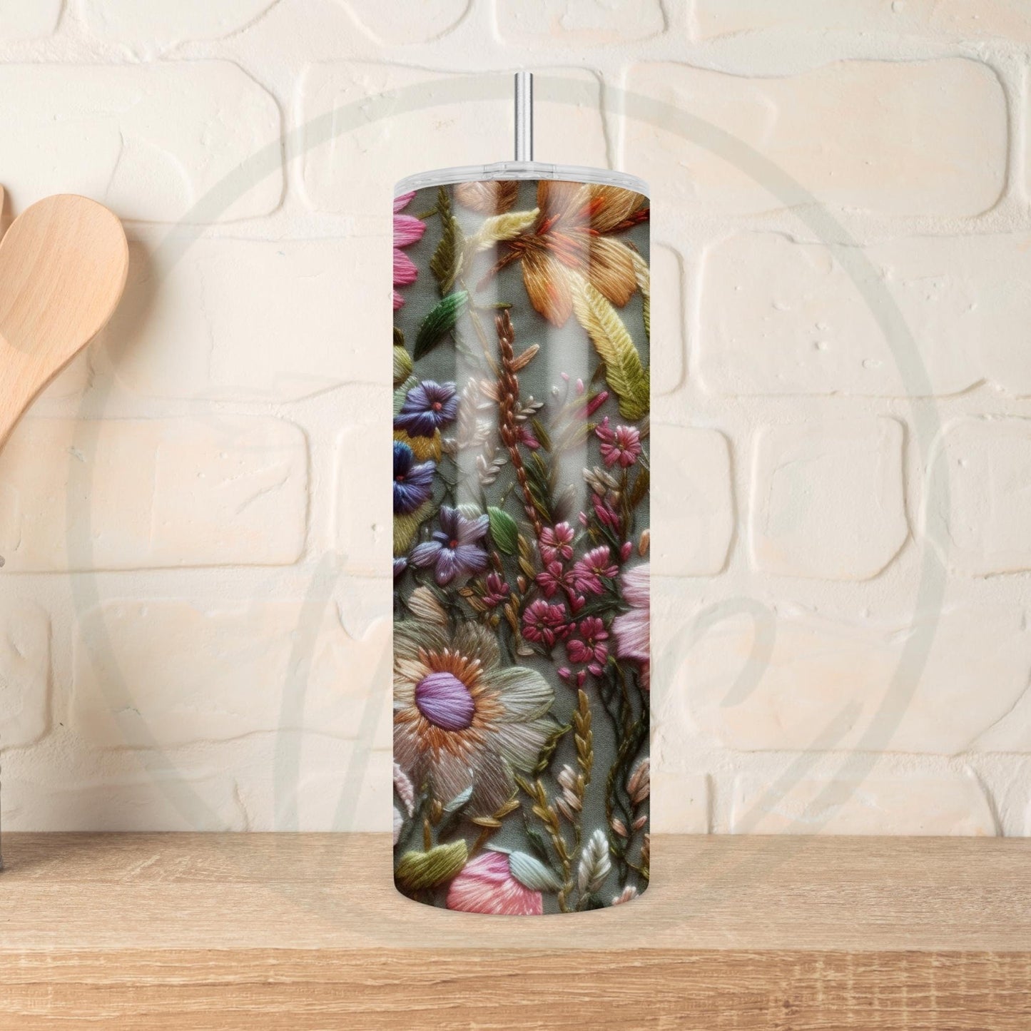 Embroidered Wildflowers, Pink and Sage 20oz Tumbler, Cottagecore Floral Coffee Tumbler, Mother's Day Gift, Spring Flowers, Gift for Gardener