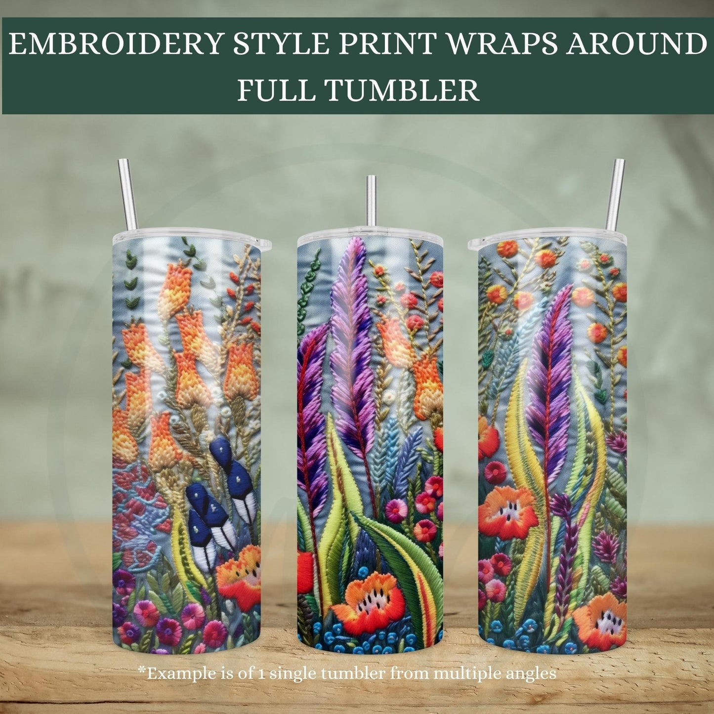 Embroidered Wildflowers 20oz Tumbler, Cottagecore Floral Coffee Tumbler, Mother's Day Gift, Spring Flowers, Gift for Gardener, Full Wrap