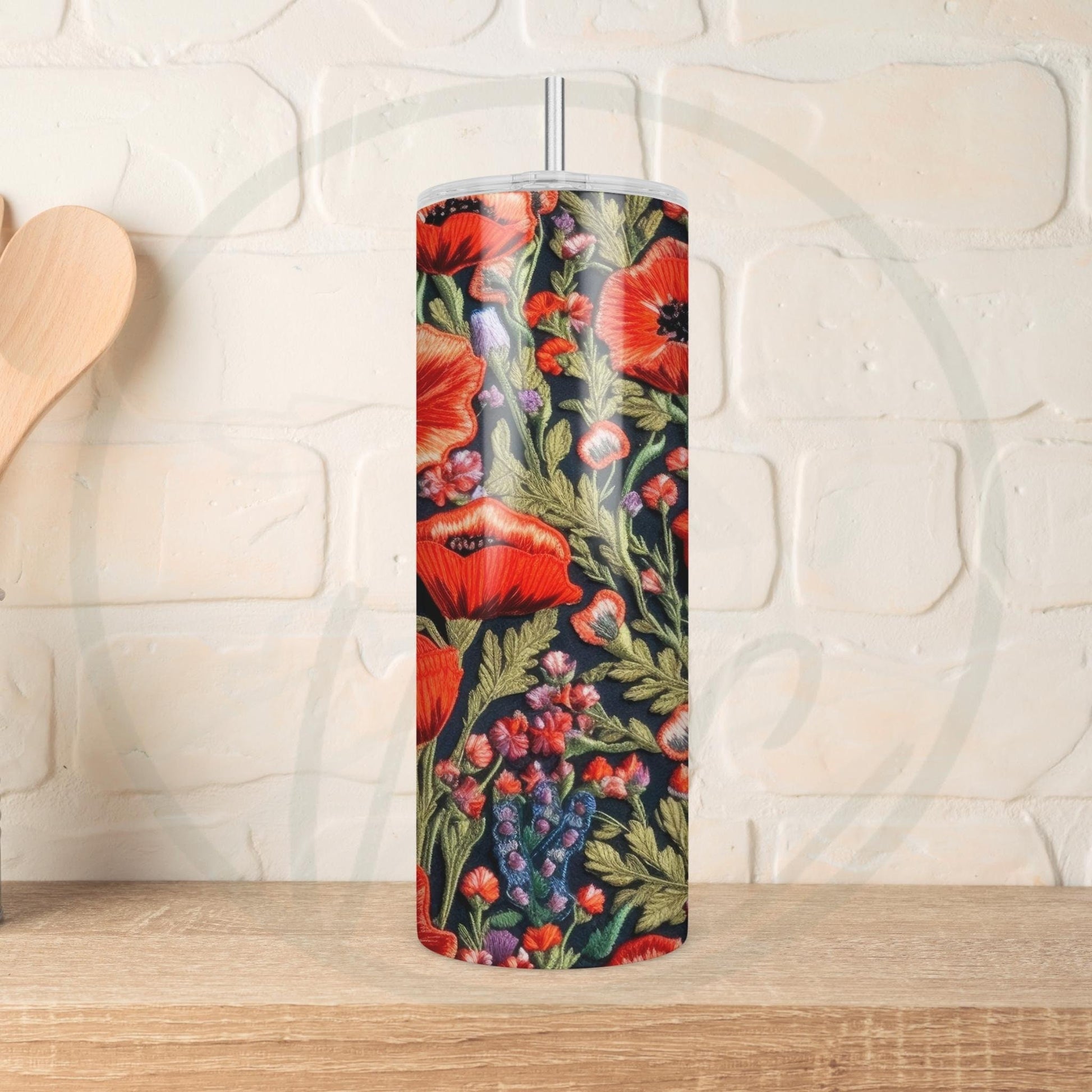 Embroidered Wildflowers, Small Poppies 20oz Tumbler, Cottagecore Floral Coffee Tumbler, Mother's Day Gift, Spring Flowers, Gift for Gardener