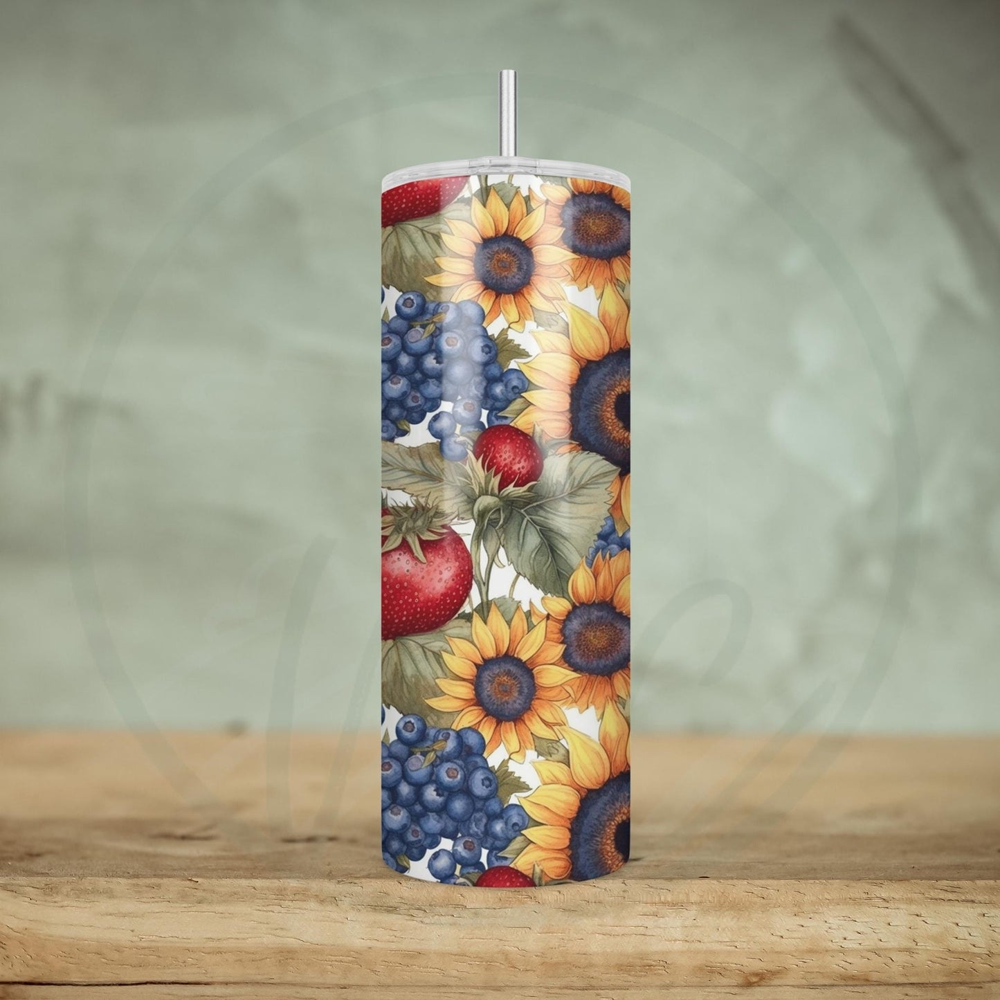 Sunflowers and Berries, Sunflowers Strawberries Blueberries 20oz Tumbler, Cottagecore Coffee Tumbler, Mother's Day Gift, Spring Tumbler