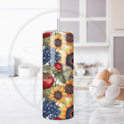 Sunflowers and Berries, Sunflowers Strawberries Blueberries 20oz Tumbler, Cottagecore Coffee Tumbler, Mother's Day Gift, Spring Tumbler