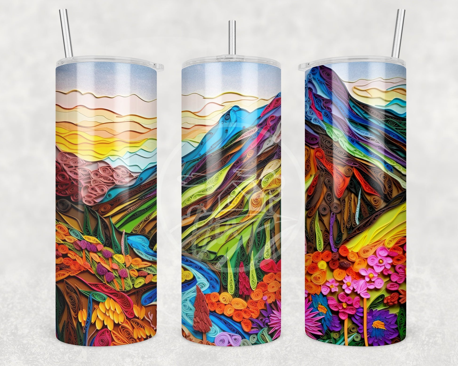 Paper Quill Mountain Scene Tumbler, Camping Tumbler, 20oz  Skinny Tumbler, Cottagecore, Vacation Tumbler, Stainless Steel, Outdoorsy Gifts