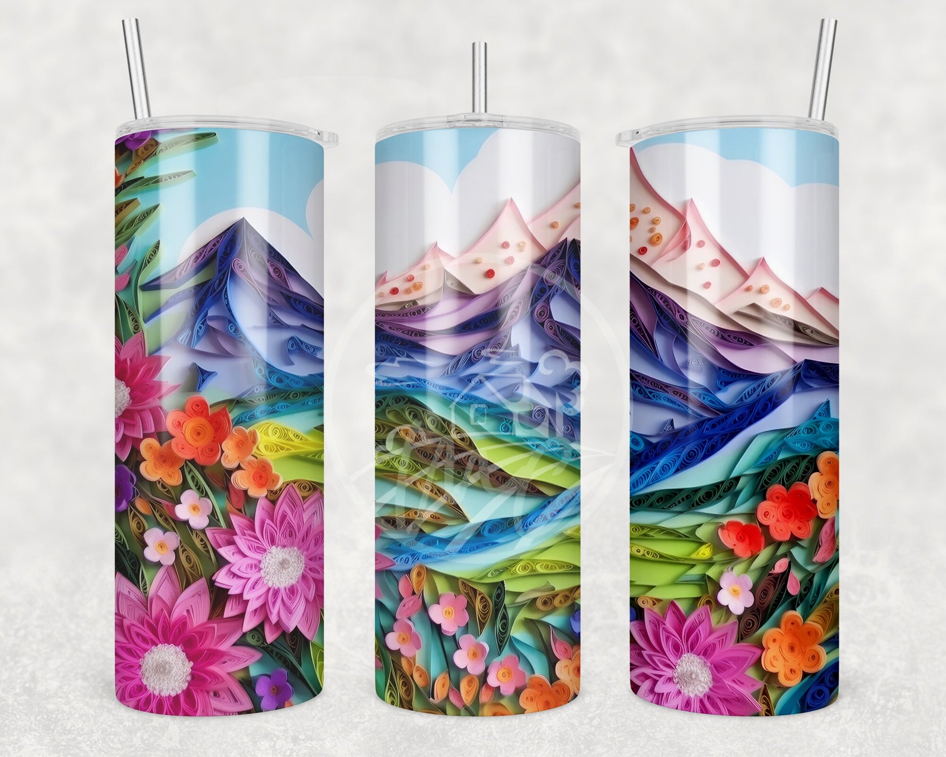 Paper Quill Mountain Scene Tumbler, Camping Tumbler, 20oz  Skinny Tumbler, Cottagecore, Vacation Tumbler, Stainless Steel, Outdoorsy Gifts