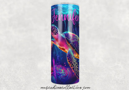 Neon Turtle Tumbler, Ocean Tumbler, 20oz  Skinny Tumbler, Vacation Tumbler, Stainless Steel, Outdoorsy Gifts, Sea Turtle