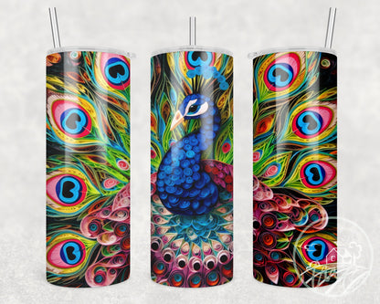 Paper Quill Peacock Tumbler, 20oz  Skinny Tumbler, Cottagecore, Stainless Steel, Peacock Gift, Coffee Tumbler, Exotic Birds, Farm Tumbler