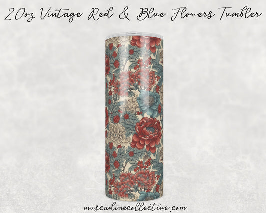 Vintage Wildflowers, Red and Blue Floral 20oz Tumbler, Cottagecore Floral Coffee Tumbler, Mother's Day Gift, Spring Flowers, Florist Gift