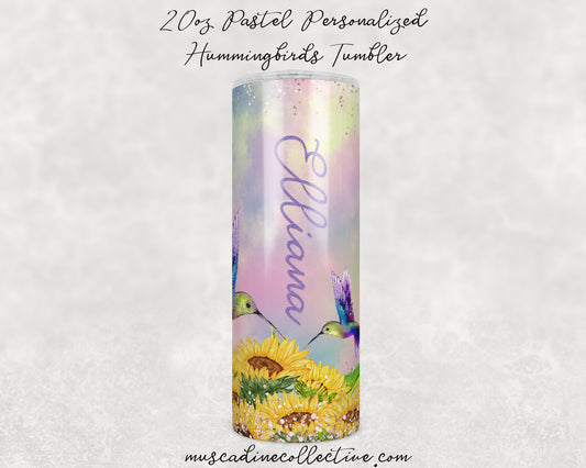 Personalized Tumbler, Pastel Hummingbirds, 20oz Skinny, Hummingbird Art, Spring Tumbler, Birds and Flowers, Gift For Mom, Mother's Day Gift