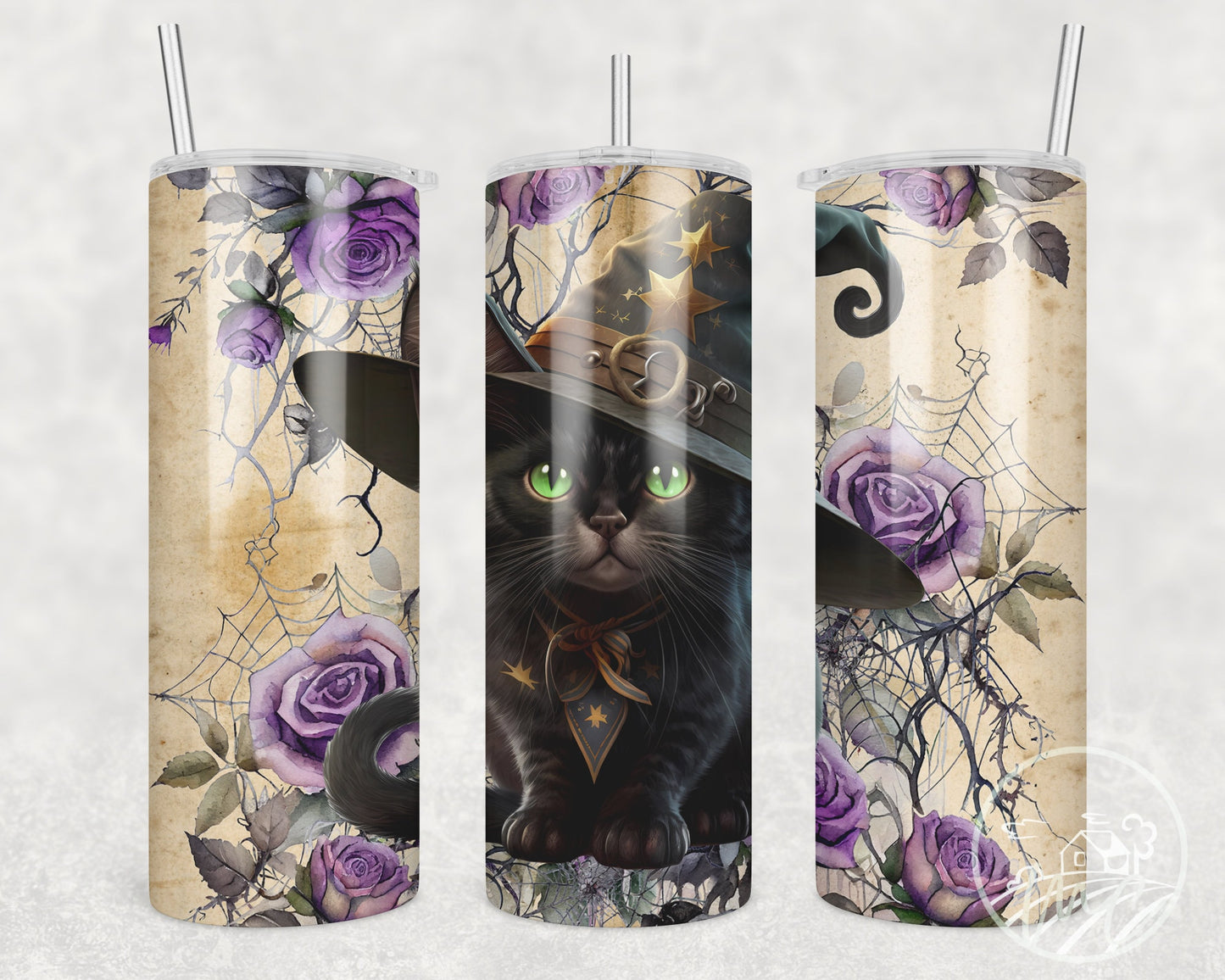 Black Cat Tumbler, 20oz Stainless Steel Tumbler With Straw, Cat Lover Gift, Witchy, Cottage Core, Vintage Look, Halloween Black Cat, Coffee