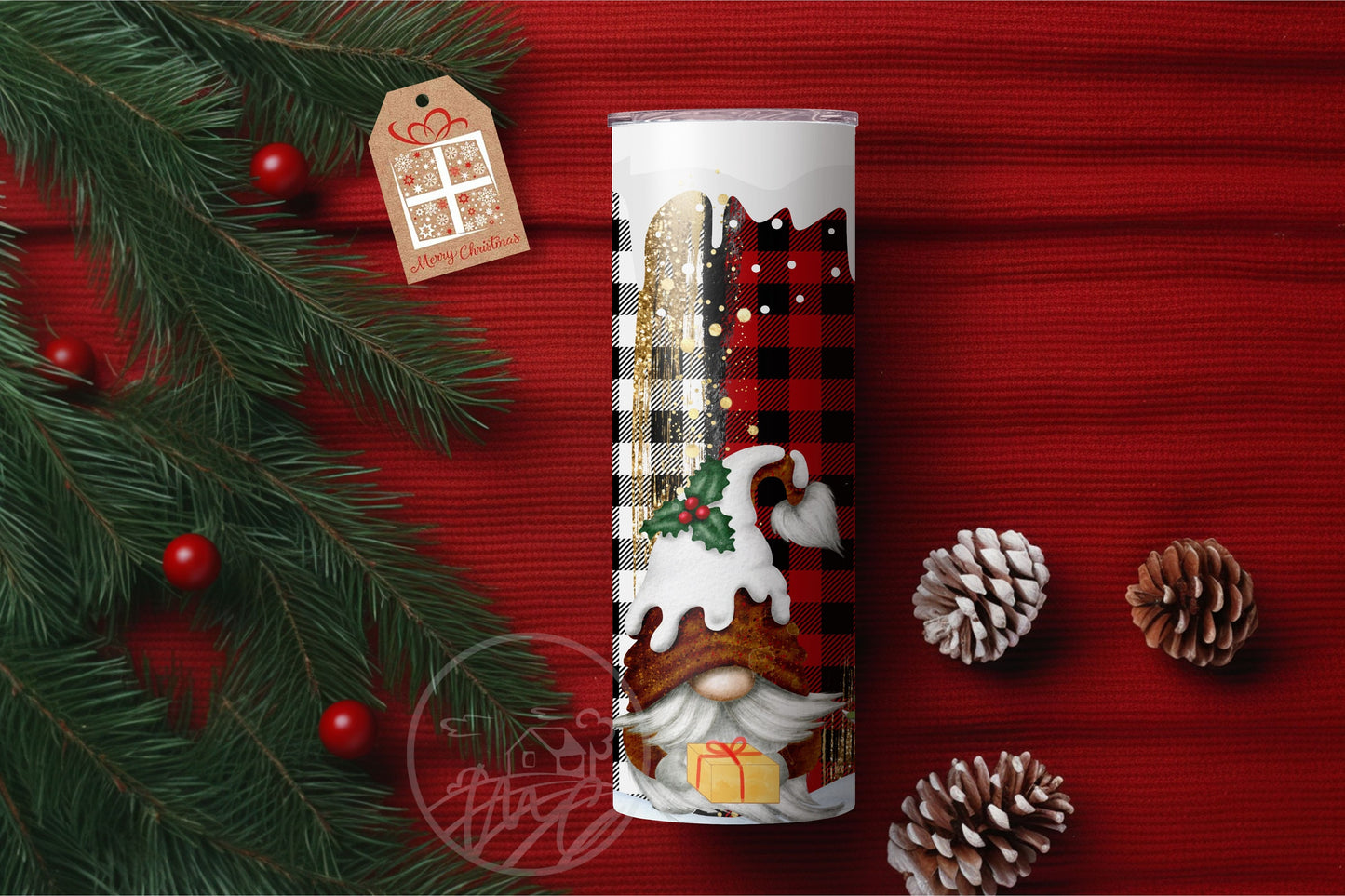 Personalized Christmas Tumbler With Straw, Christmas Gnome, Coffee Tumbler, Buffalo Plaid Tumbler, Gift For Mom, Gift for Best Friend Female