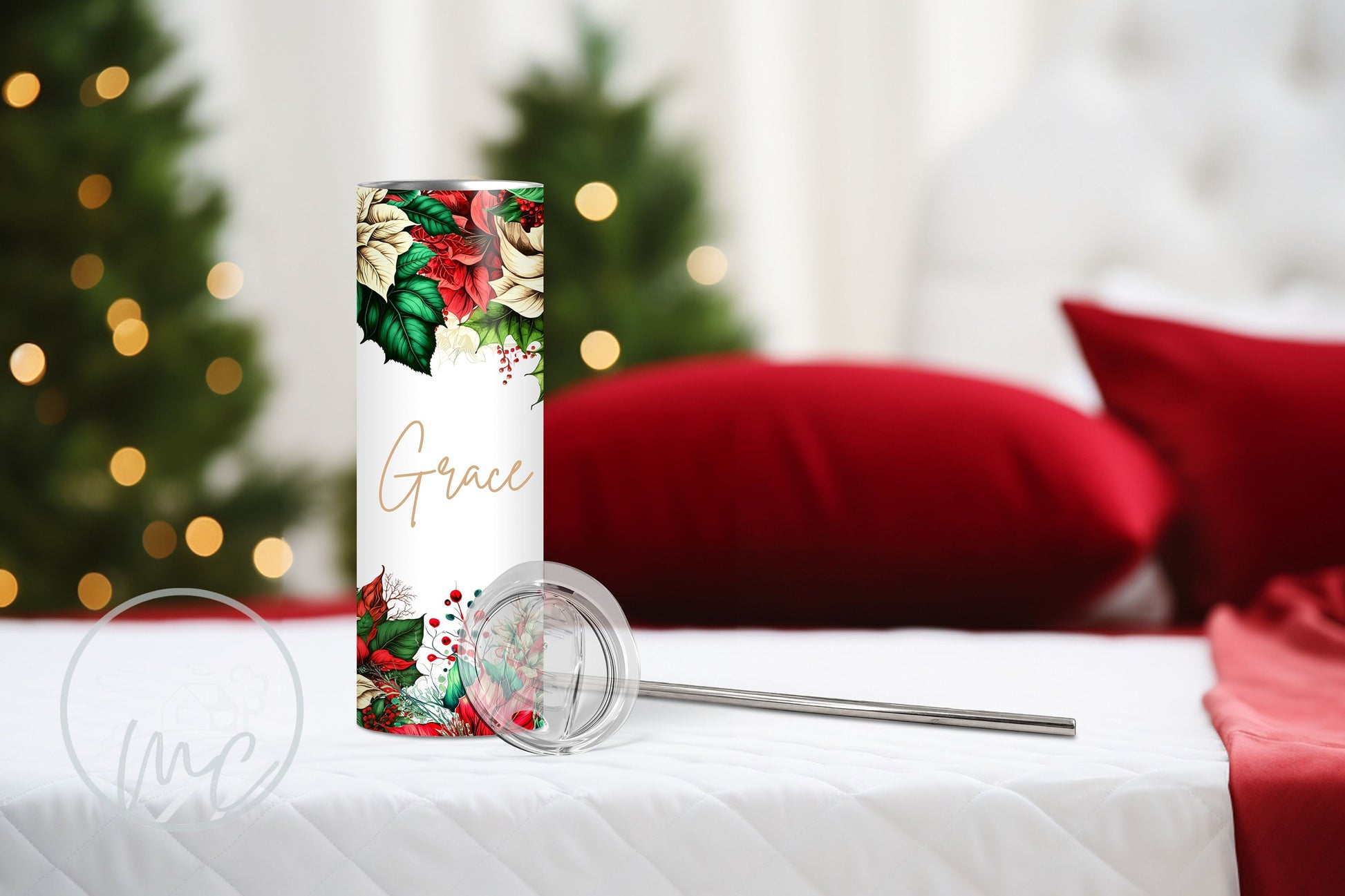 Personalized Christmas Tumbler With Straw, Poinsettia, Christmas Flowers, Coffee Tumbler With Straw , Gift For Mom, Gift for Best Friend