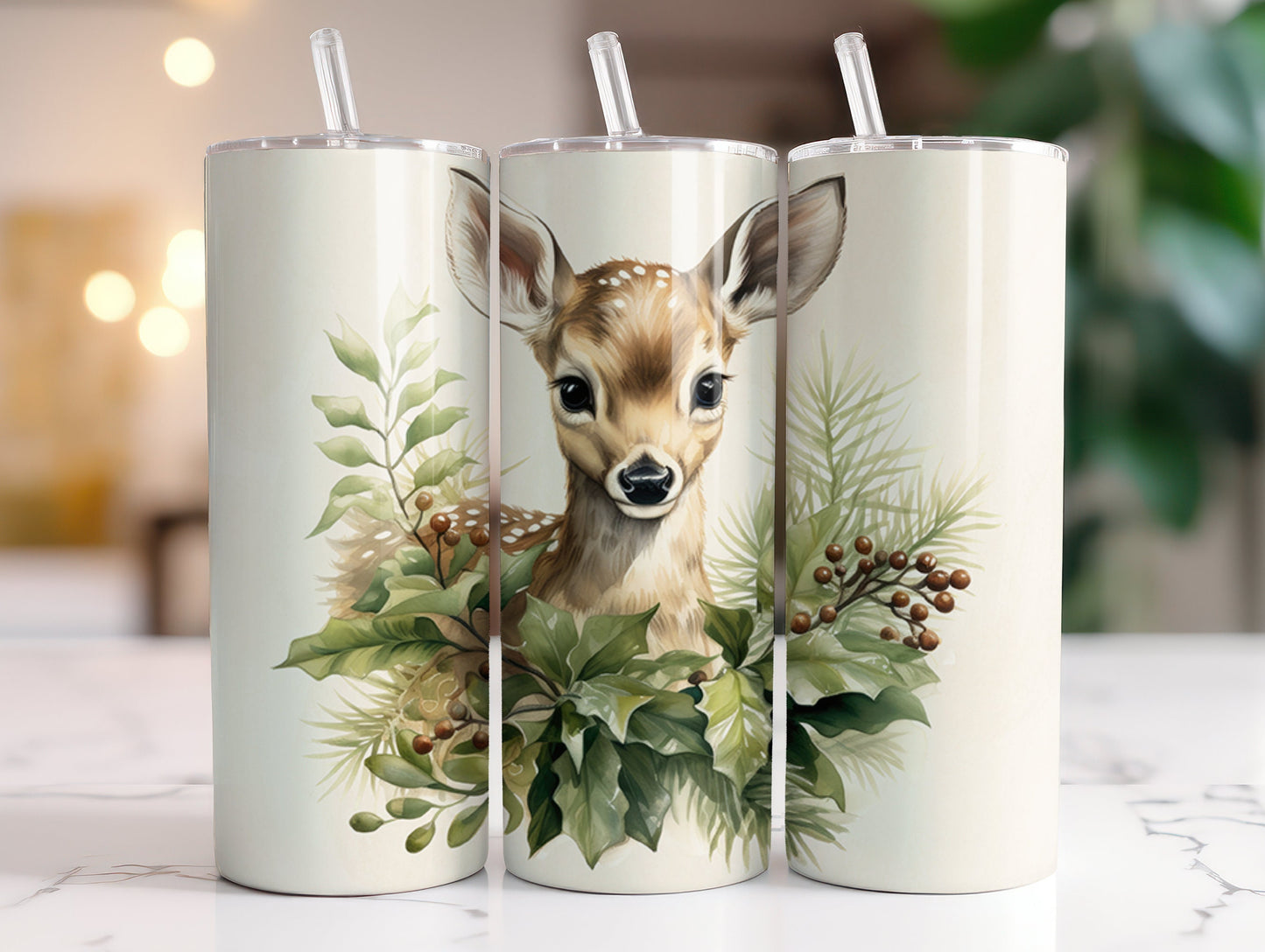 Christmas Tumbler With Straw, Christmas Deer, Coffee Tumbler, Gift for Best Friend Female, Stocking Stuffer For Adult, Wreath, 20oz skinny