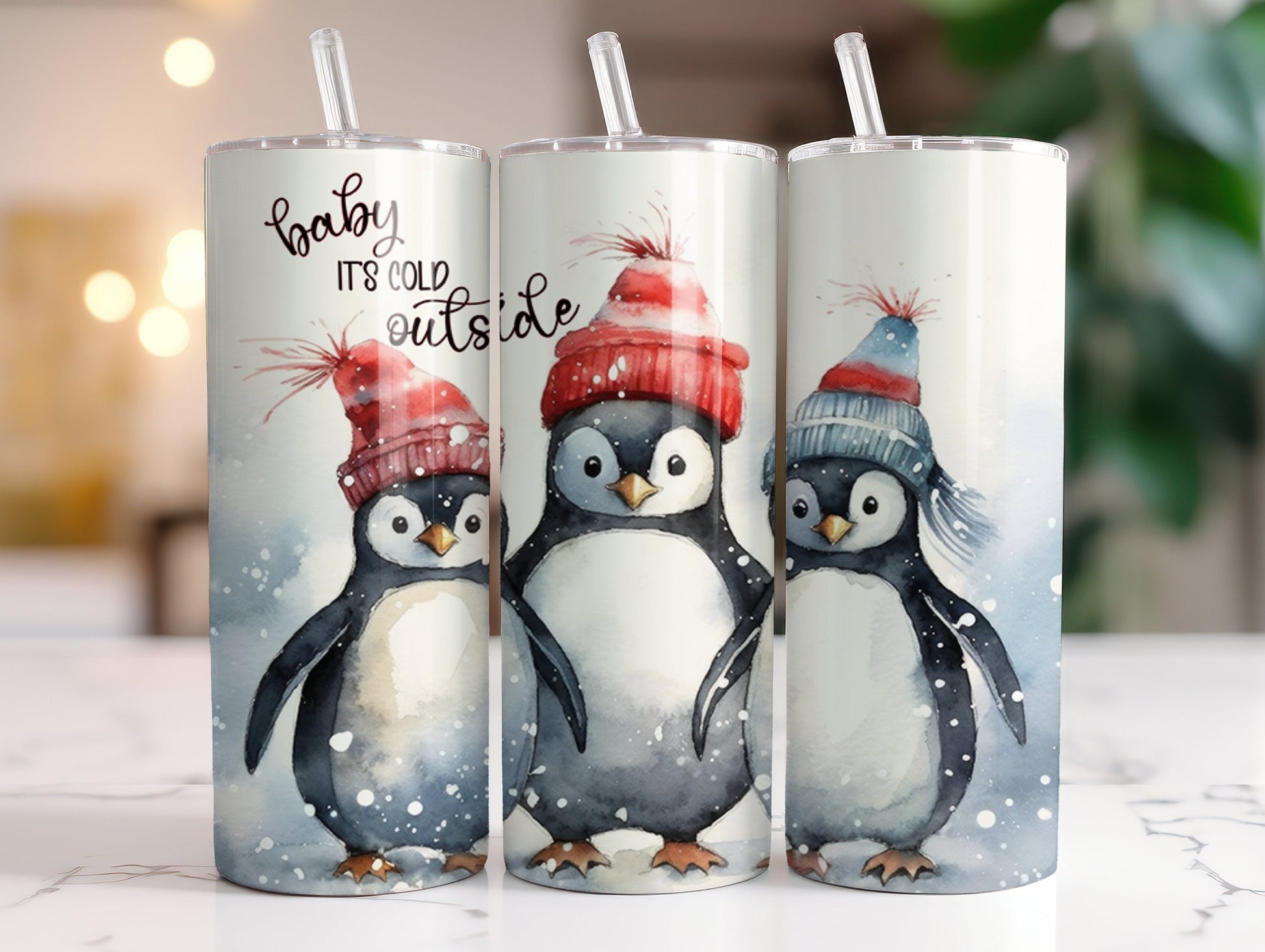 Personalized Penguin Christmas Tumbler With Straw, Coffee Tumbler, Penguin Gift, Gift For Mom, Gift for Best Friend, Baby It's Cold Outside