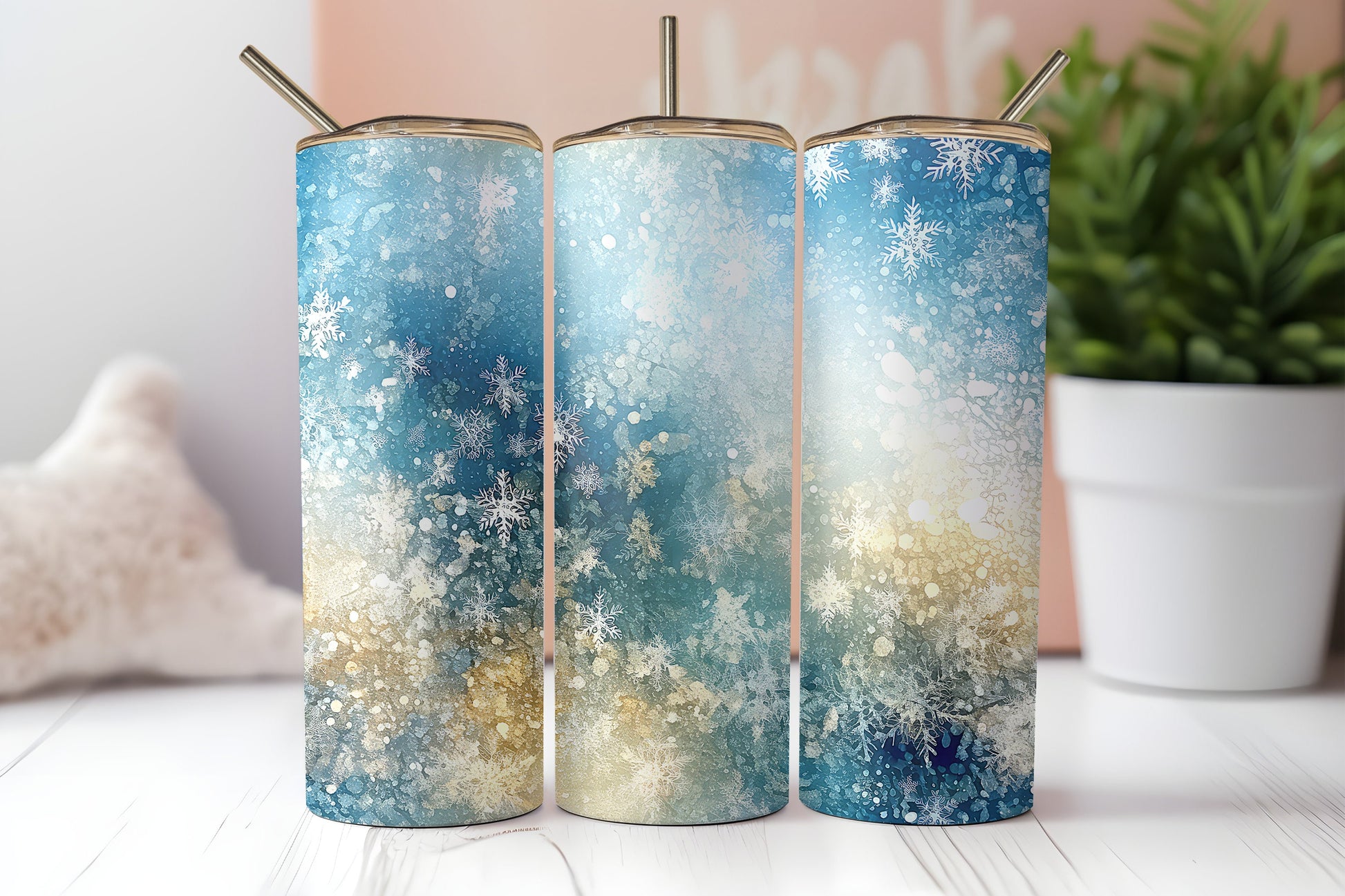 20oz Personalized Tumbler With Lid and Straw, Snowflake Tumbler, Blue Winter Wonderland, Tumbler Gift, Christmas Gift, Blue Gold, Blue Snow