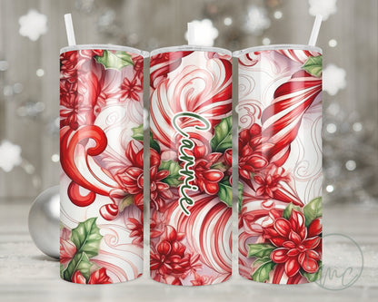 20oz Personalized Tumbler With Lid and Straw, Christmas Candy Cane Tumbler, Christmas Gift For Her, Coffee Tumbler Personalized, Drinkware