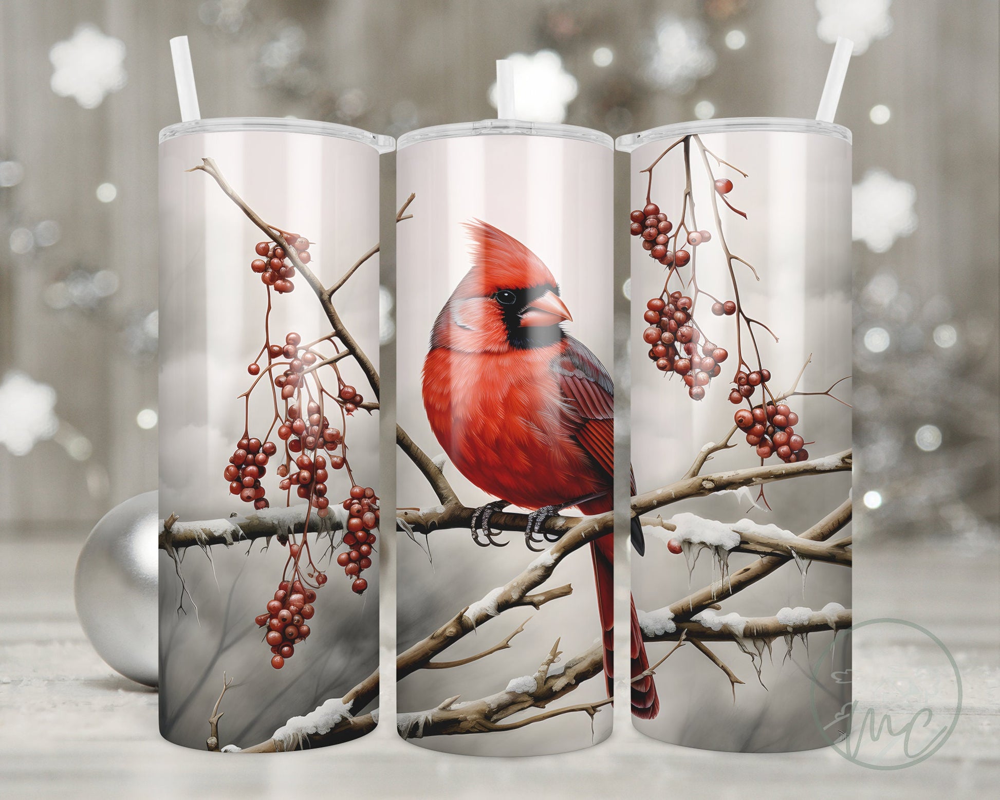 Winter Cardinal Tumbler With Straw, 20oz Coffee Tumbler, Red Cardinal Gifts, Cardinal Mug, Gift For Mom, Best Friend Gift, Gift Under 30