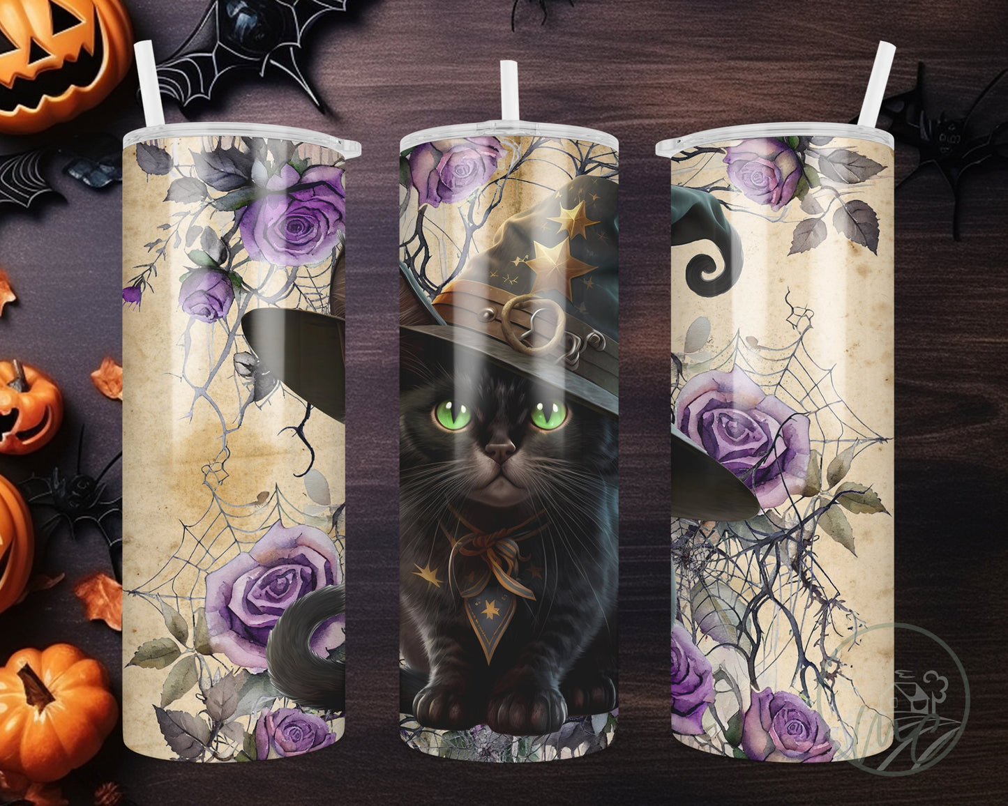 Black Cat Tumbler, 20oz Stainless Steel Tumbler With Straw, Cat Lover Gift, Witchy, Cottage Core, Vintage Look, Halloween Black Cat, Coffee