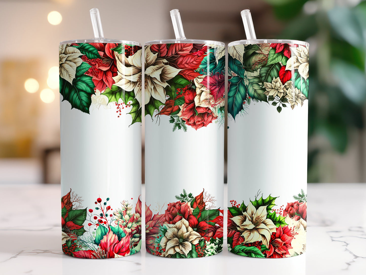 Personalized Christmas Tumbler With Straw, Poinsettia, Christmas Flowers, Coffee Tumbler With Straw , Gift For Mom, Gift for Best Friend