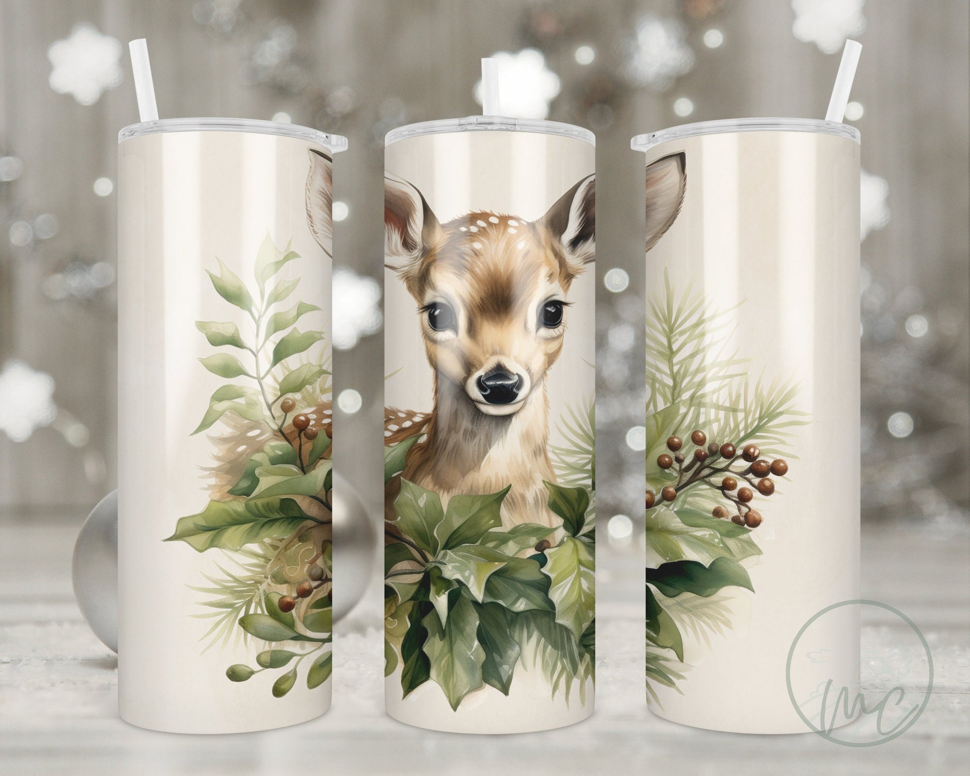 Christmas Tumbler With Straw, Christmas Deer, Coffee Tumbler, Gift for Best Friend Female, Stocking Stuffer For Adult, Wreath, 20oz skinny