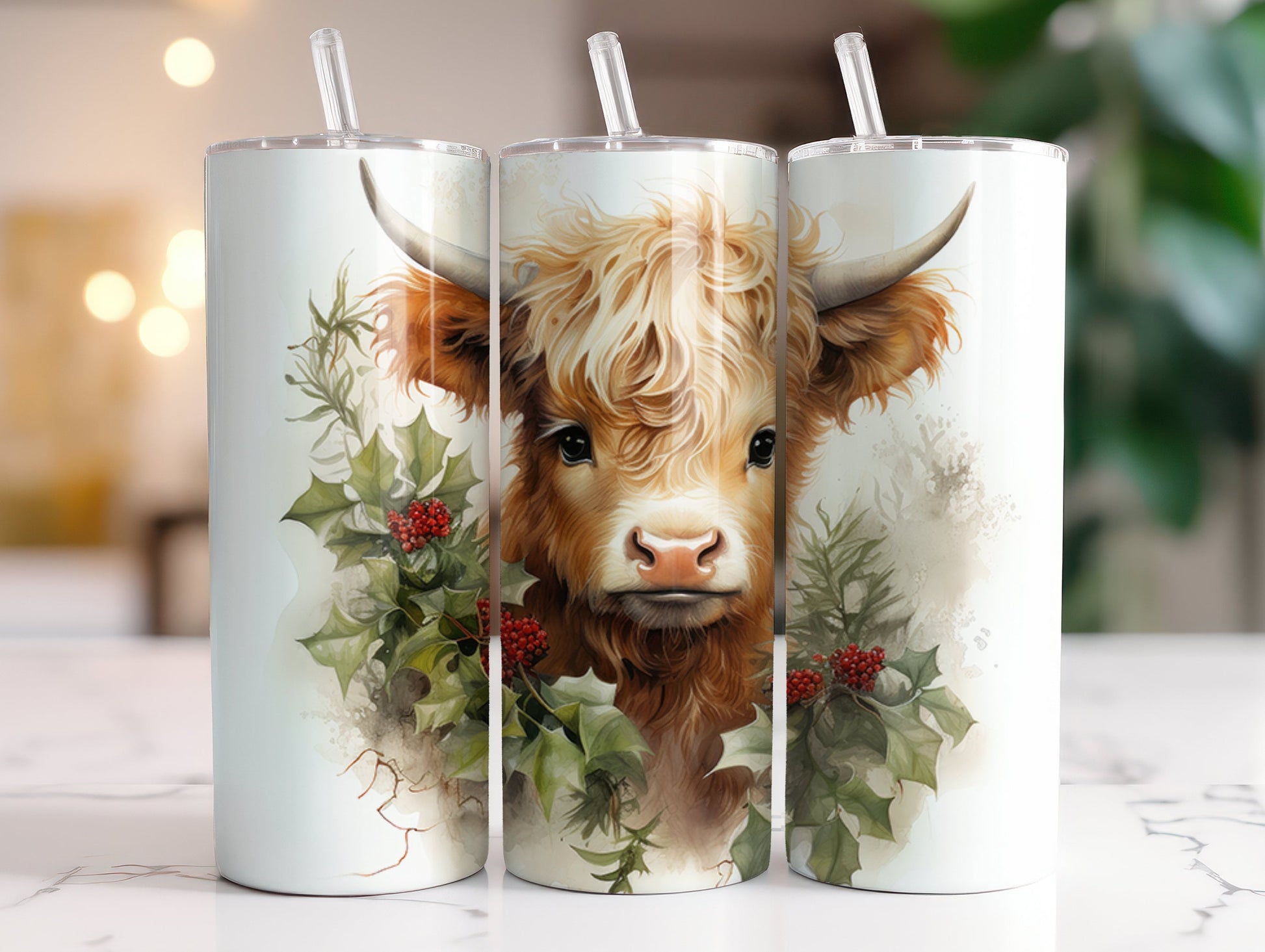 Highland Cow Christmas Tumbler With Straw, Christmas Wreath, Coffee Tumbler, Gift for Best Friend Female, Stocking Stuffer For Adult, 20oz