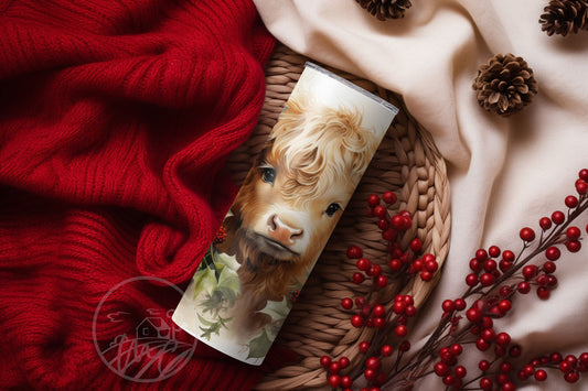 Highland Cow Christmas Tumbler With Straw, Christmas Wreath, Coffee Tumbler, Gift for Best Friend Female, Stocking Stuffer For Adult, 20oz