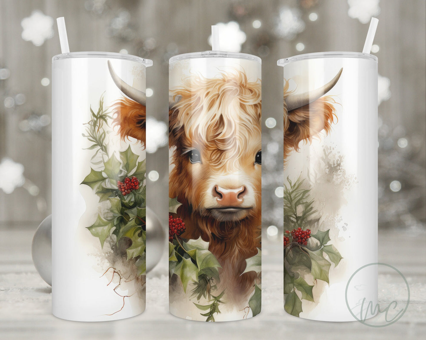 Highland Cow Christmas Tumbler With Straw, Christmas Wreath, Coffee Tumbler, Gift for Best Friend Female, Stocking Stuffer For Adult, 20oz