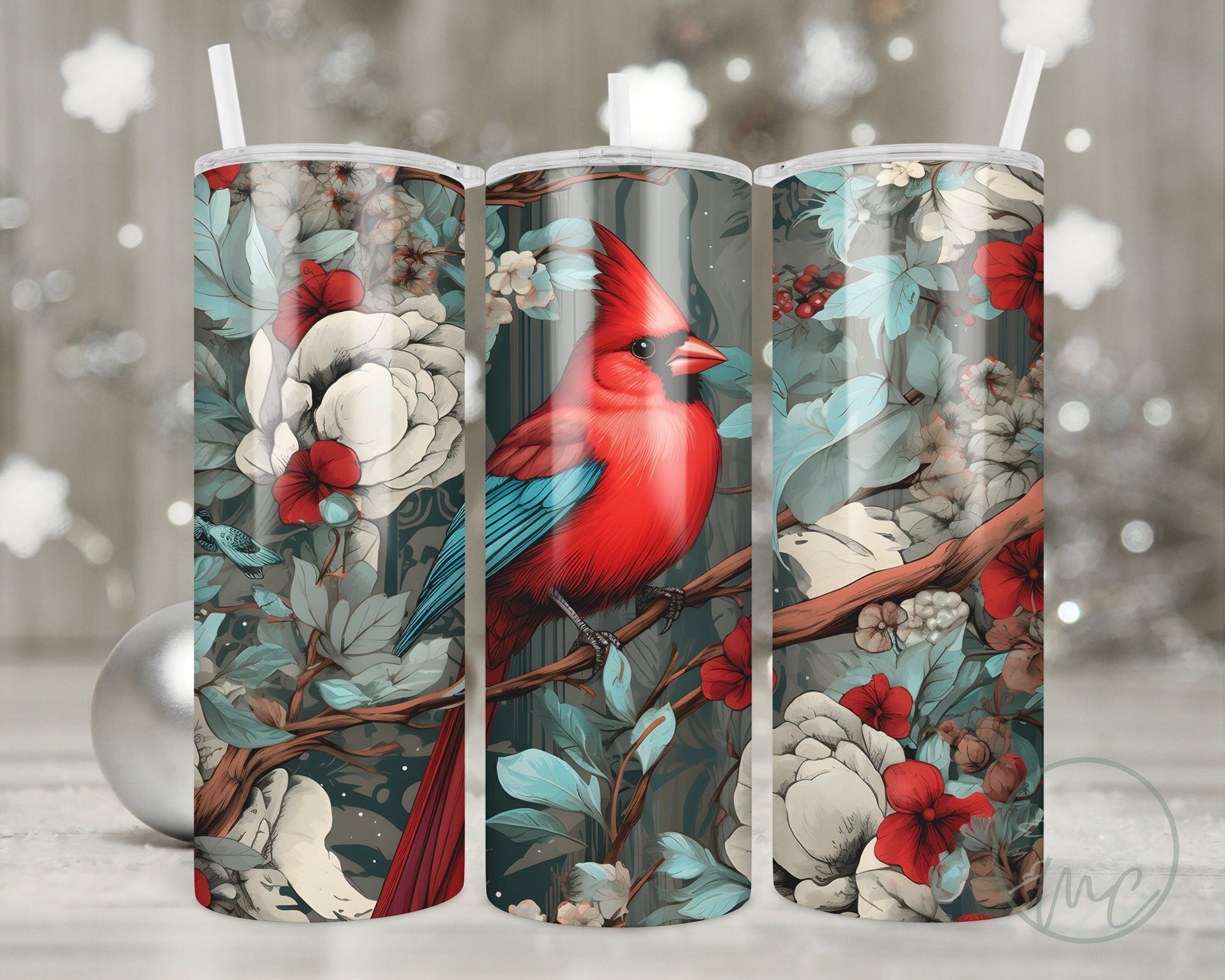 Winter Cardinal Tumbler With Straw, 20oz Coffee Tumbler, Red Cardinal Gifts, Cardinal Mug, Gift For Mom, Bird Watcher Gift, Bird Lover Gift