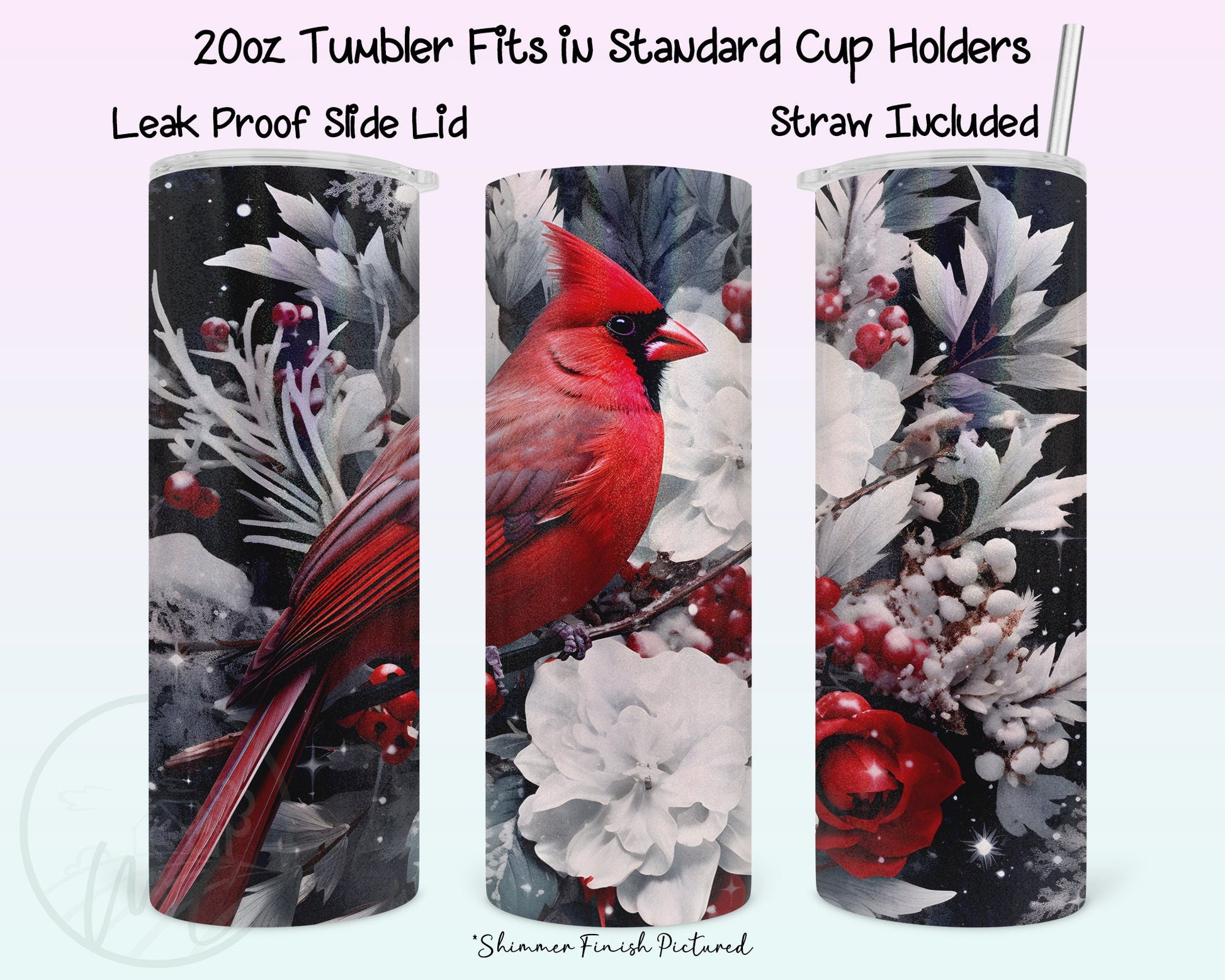 Winter Cardinal Tumbler With Straw, 20oz Coffee Tumbler, Red Cardinal Gifts, Cardinal Mug, Gift For Mom, Bird Watcher Gift, Bird Lover Gift