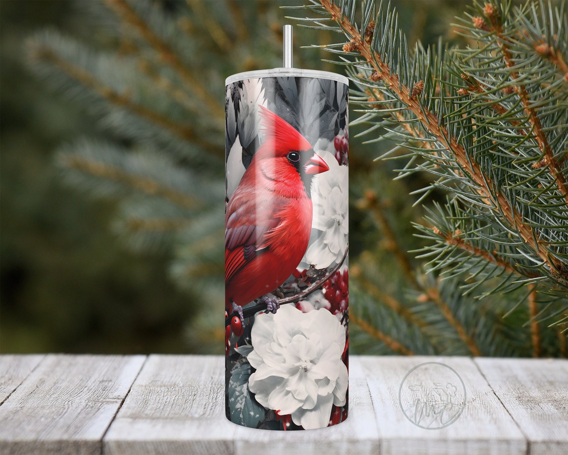 Winter Cardinal Tumbler With Straw, 20oz Coffee Tumbler, Red Cardinal Gifts, Cardinal Mug, Gift For Mom, Bird Watcher Gift, Bird Lover Gift